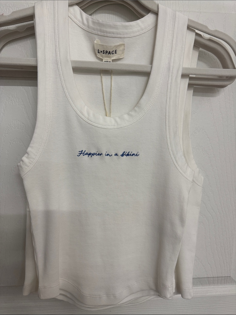 l*space White Ribbed Tank with Blue Script